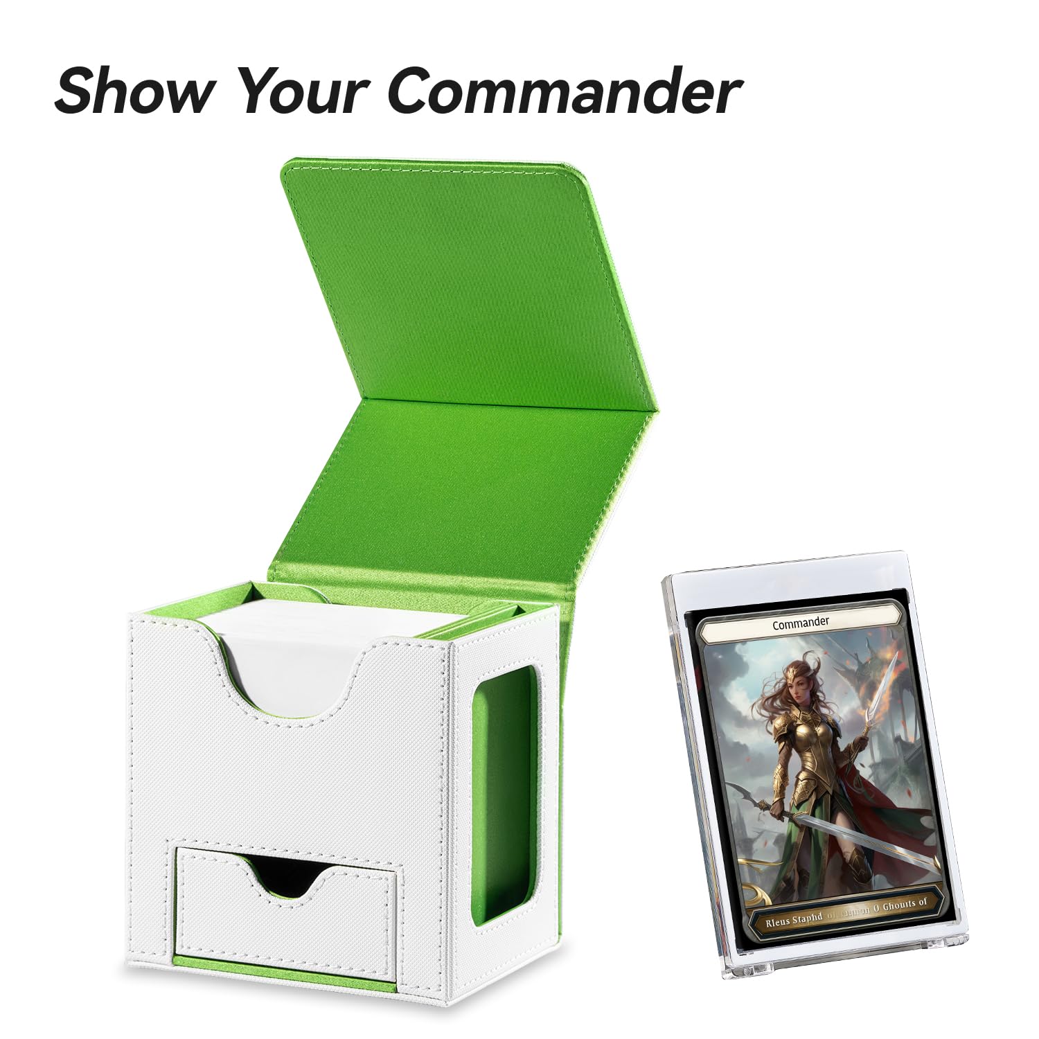 Mage Tech Card Deck Box for MTG Commander - Patented Design, Commander Display, Fits 100 Double-Sleeved Cards, 35pt Card Brick & Dice Tray - White/Green - Image 2