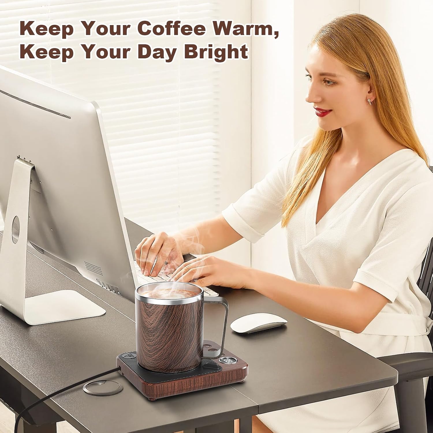 Felibeaco 16oz Heated Coffee Mug with Flat Bottom for Rapid Heating, Stainless Steel Heated Coffee Cup Suitable for Different Coffee Mug Warmer/Heaters, Heated Mug/Cup for Home and Office Desk,Wood