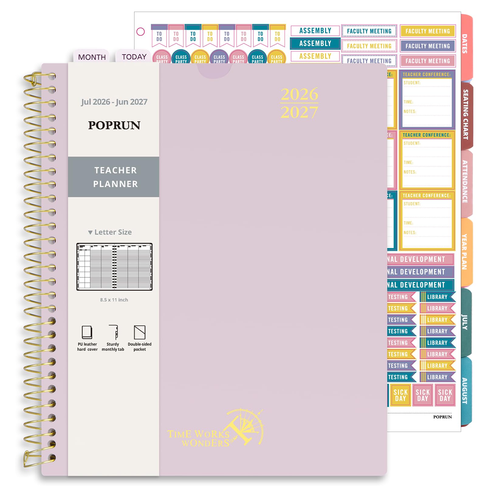 POPRUN Agenda per insegnanti 2026-2027, 21,6 x 27,9 cm, libro scolastico per insegnanti (26 luglio-27 giugno) settimanale e mensile con registro dei voti, tasca su 2 lati, copertina flessibile in PP