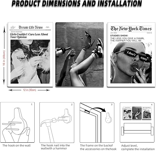 Miniatura 3 de Trendy The New York Times - Arte de pared de 12 x 16 pulgadas enmarcado, elegante lienzo urbano feminista en blanco y negro, pósteres retro de moda