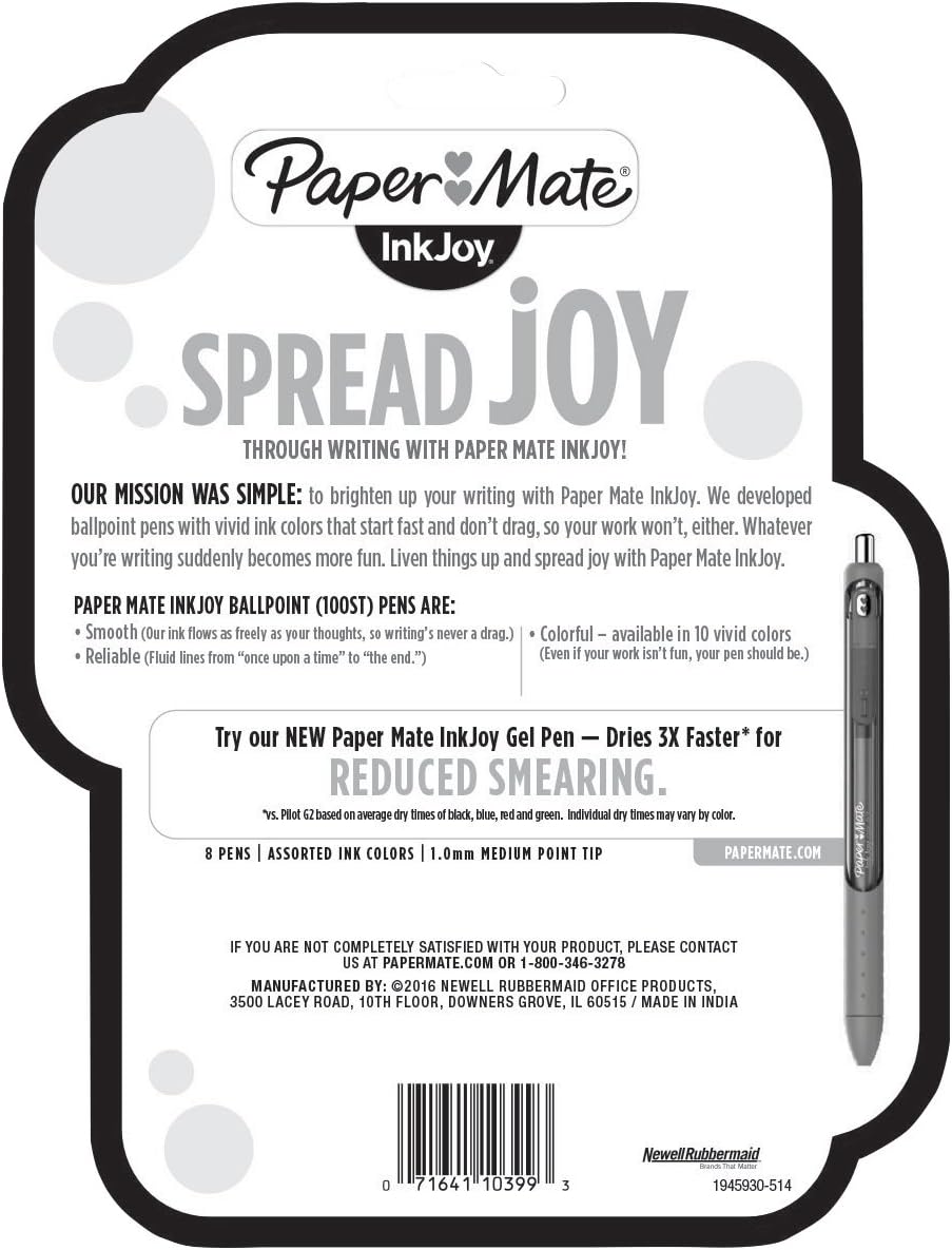 Paper Mate InkJoy 100ST Ballpoint Pens, Medium Point, Black/Red/Blue Ink, 8 Pack (1945930)