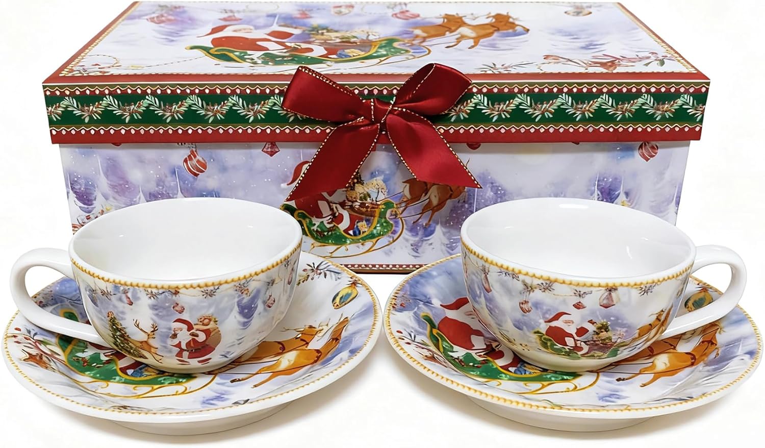 2 Sets 4 OZ Christmas Porcelain Coffee Cup Bucket, Xmas Santa Claus Small Juice Milk White Ceramic Cup with Saucer, with Gift Box