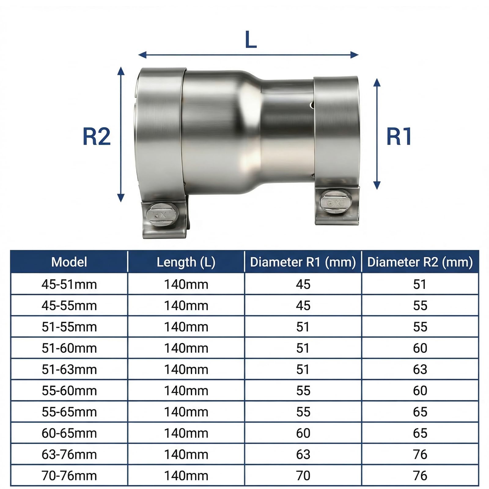 Manchon Reducteur Echappement Acier inoxydable 304 pour 140 mm Collier Echappement 45mm à 51mm Réducteur Bande Tuyau D'échappement Acier Inoxydable Collier de Serrage Double D'échappement
