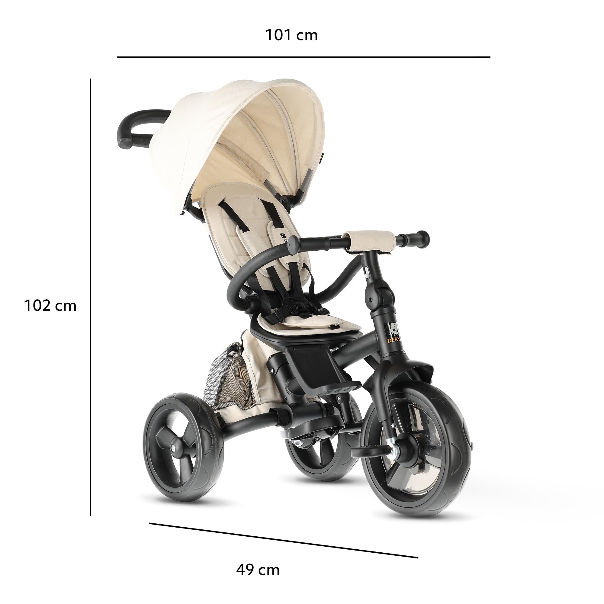 Deryan Explorer Triciclo 9 Meses a 25 kg - Evolutivo, Bicicleta Sin Pedales, Bicicleta Bebe, Plegable, para Niños, Asiento Reversible, Capota con protección Solar, Cesta, Arnés de 5 Puntos - Crema