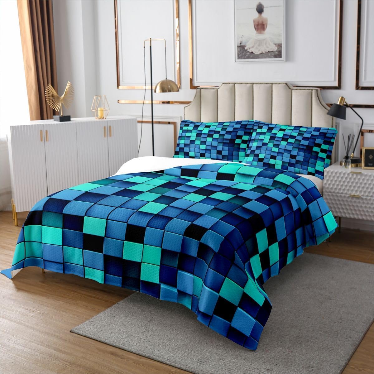 3D Geometric Block Quilt Sets Twin Size,Blue Pixelated Games Bedspread Coverlet 2Pcs for Kids Girls Boys Room Decor,Miners Video Games Quilts Set Modern Gamepad Bedding Comforter,1 Pillowcase