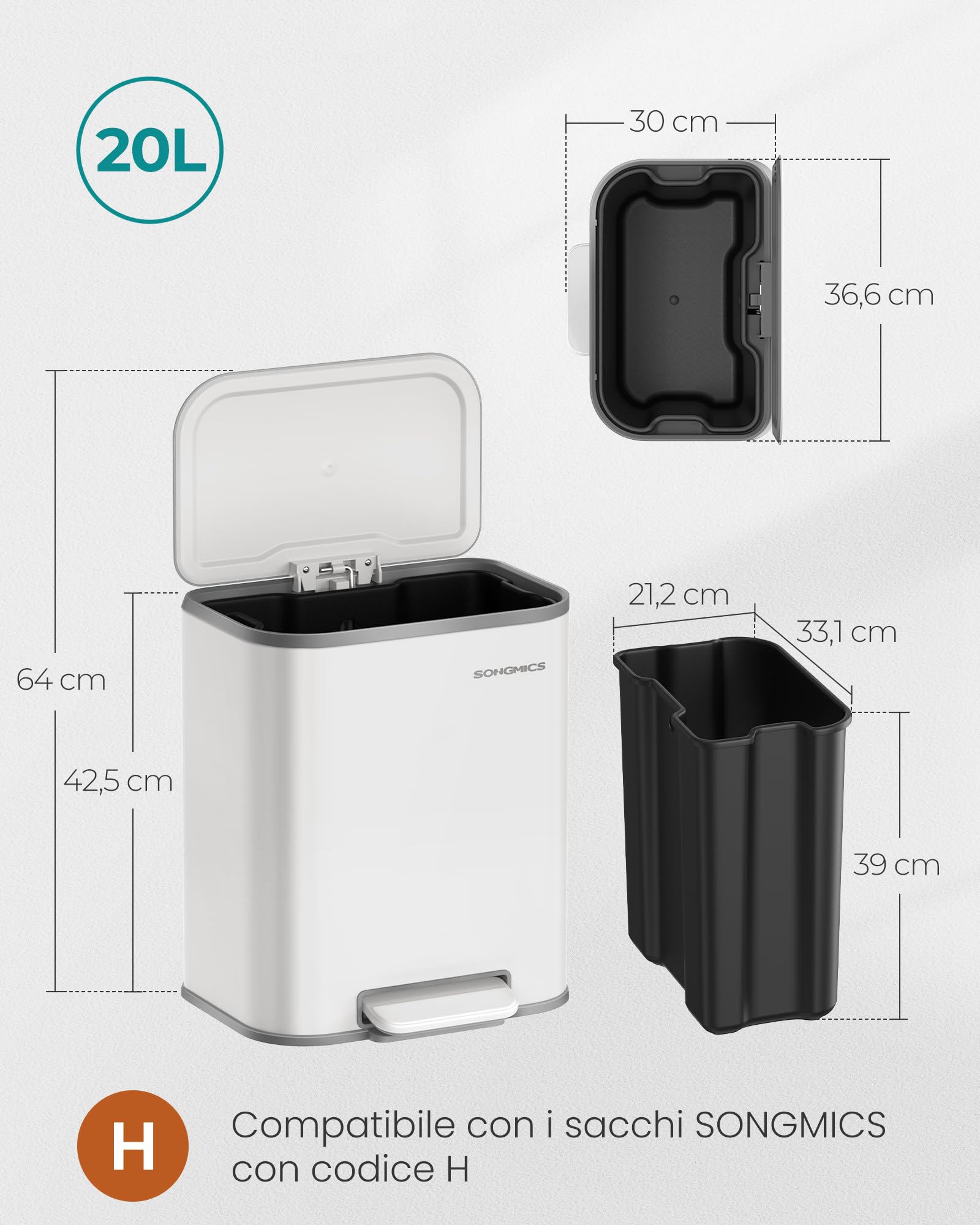 SONGMICS Pattumiera da Cucina, Cestino a Pedale da 20L, Pattumiera in Acciaio, Coperchio a Chiusura Morbida, Rimane Aperto, Secchio Interno, Ampio Pedale Antiscivolo, Bianco Nuvola LTB542W02