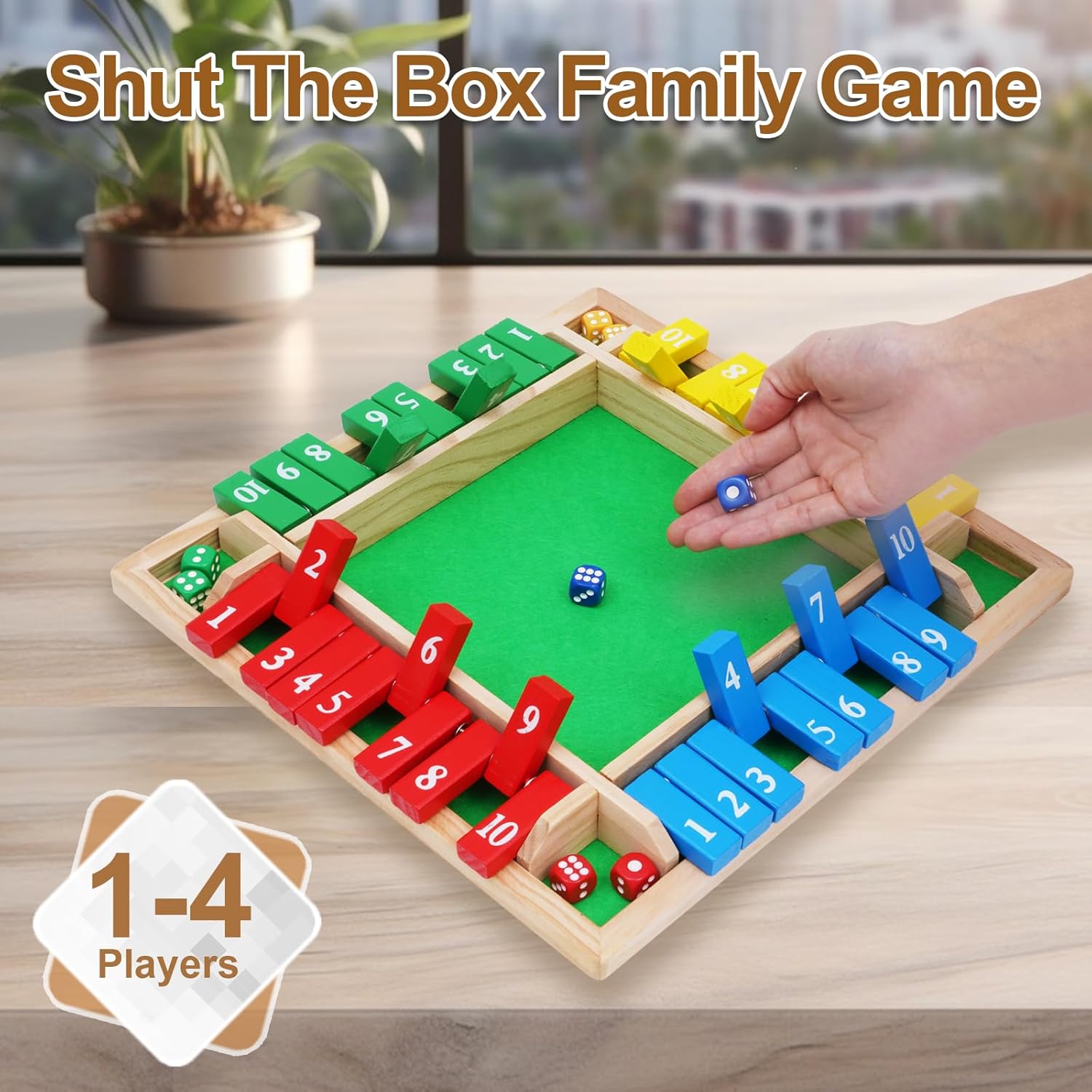 1-4 Players 12IN Large Shut The Box Dice Game, 10 Numbers Traditional Wooden Pub Bar Board Family Table Mat Game Dice for Adults