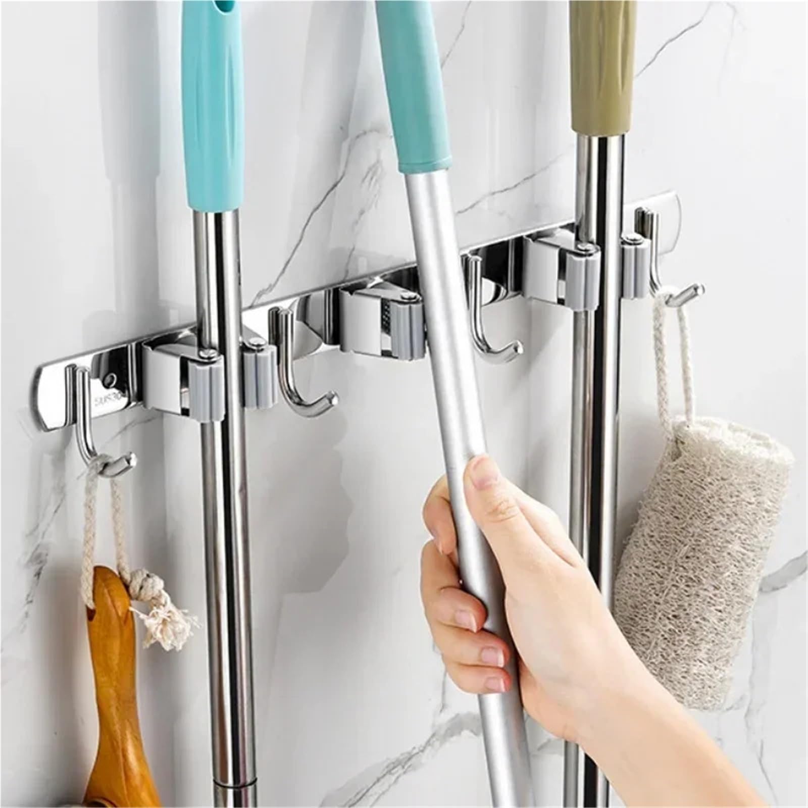 Porta Scope Parete Porta mocio Appendiabiti Mensola Gancio portaoggetti in acciaio inox Cucina Bagno Organizzazione Accessori per cucina(3 Mop 4 hook)