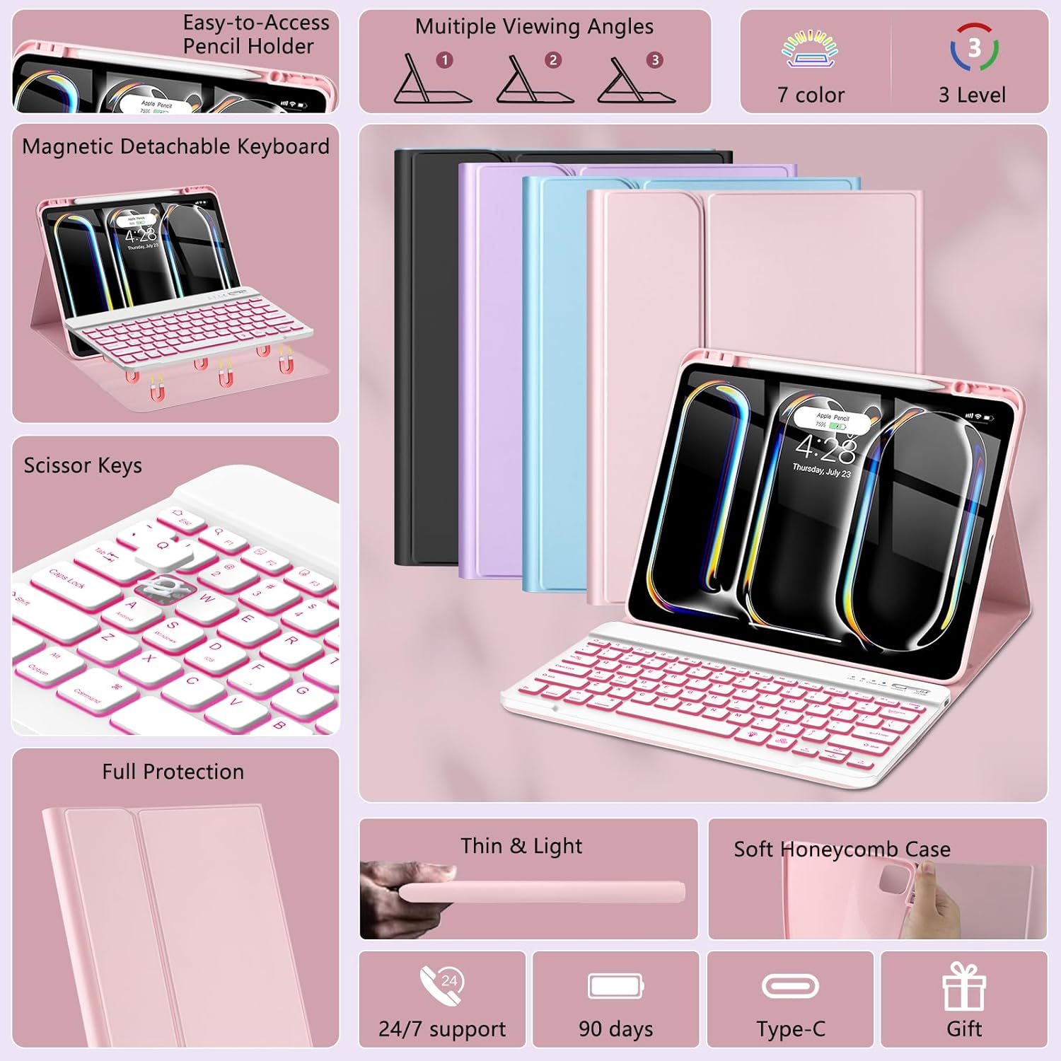 HOTLIFE for iPad Pro 13 Inch (M4) 2024 Case with Keyboard, Magnetic Detachable - 7 Color Backlit Keyboard Case for iPad Pro 13 (M4), Rechargeable Wireless Keyboard Case with Pencil Holder (Pink)