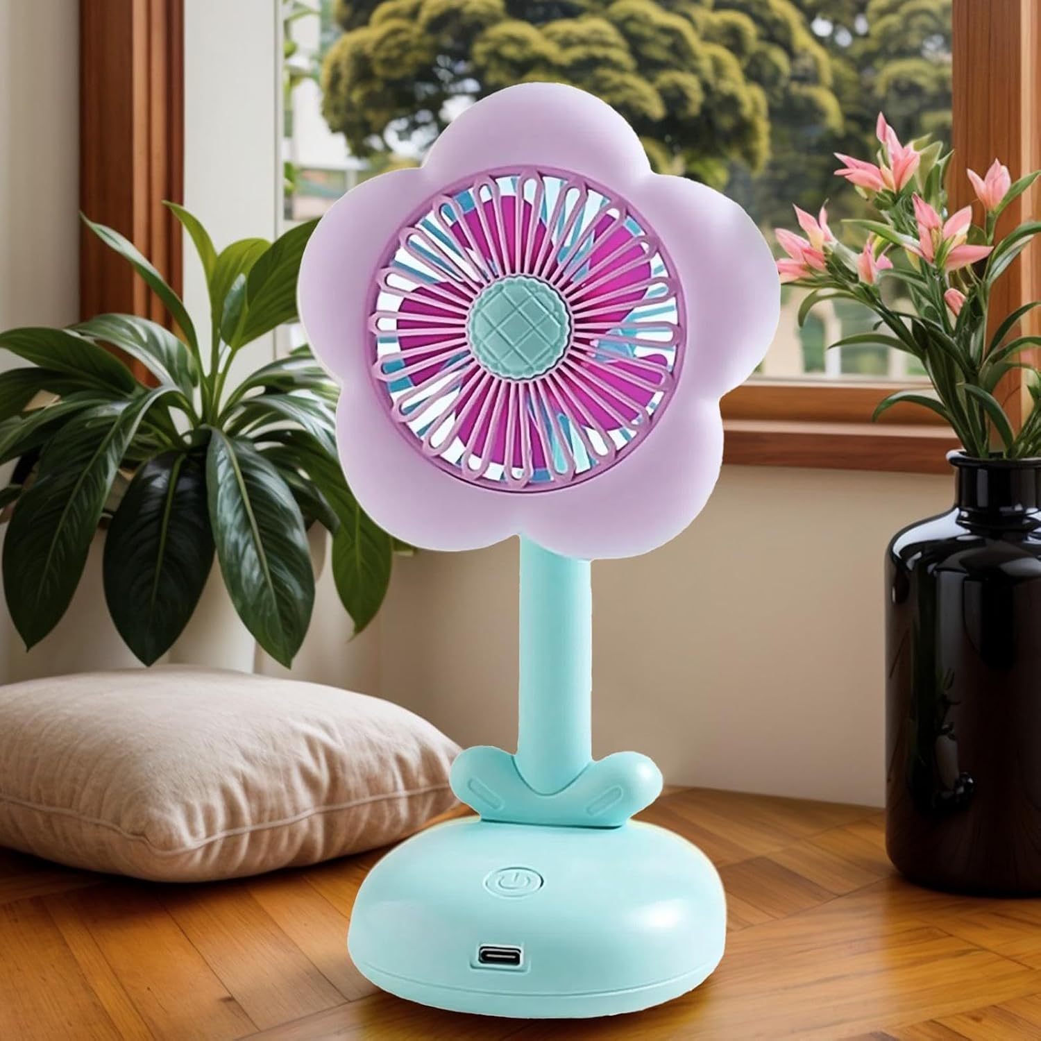 Quiet Desk Fan, Flower Small Cooling, Bedroom Air Circulator, Night Light Accessory, Two Speed Device, Girls Women Travel, Hiking Picnic Outdoor, for Home Daily Summer Comfort Supplies