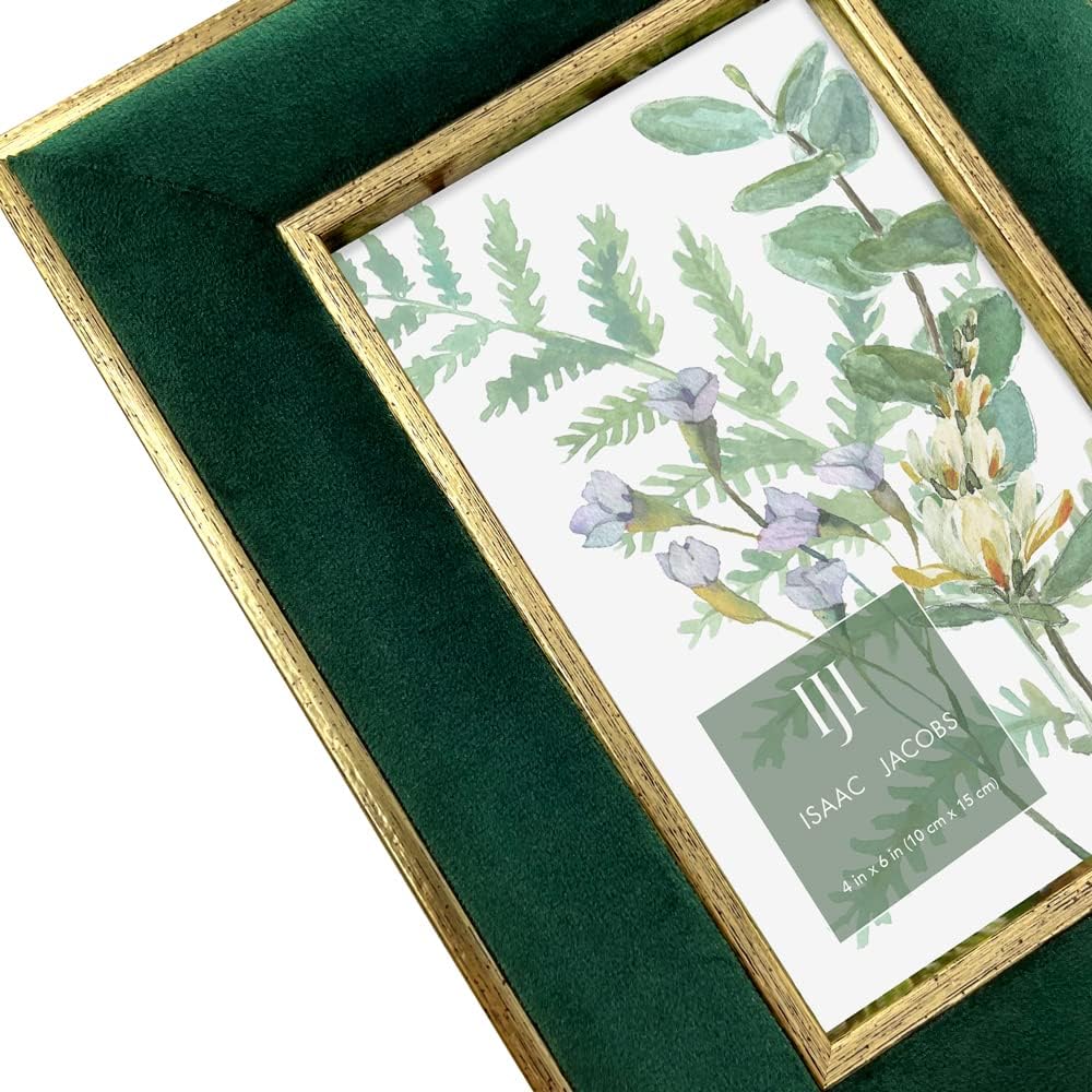 Isaac Jacobs 4x6 Green Velvet Picture Frame with Metallic Gold Double Border, Photo Frame, Horizontal & Vertical, Made for Tabletop & Wall Display, for Home and Office (4x6, Green with Gold)