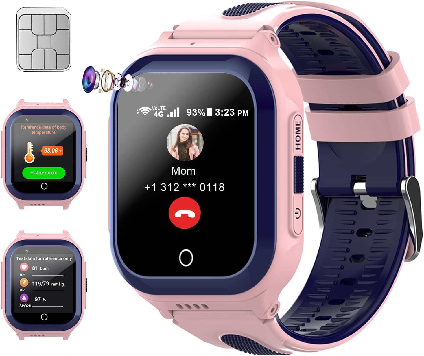 Wonlex 4G Kids Smartwatch with SIM Card, 1.4″ GPS Smart Watch for Kids, Boys Girls Phone Watch with Temperature HR BP Monitor, Video Calls, SOS, Camera, Pedometer, Alarm, Music Player(Pink)