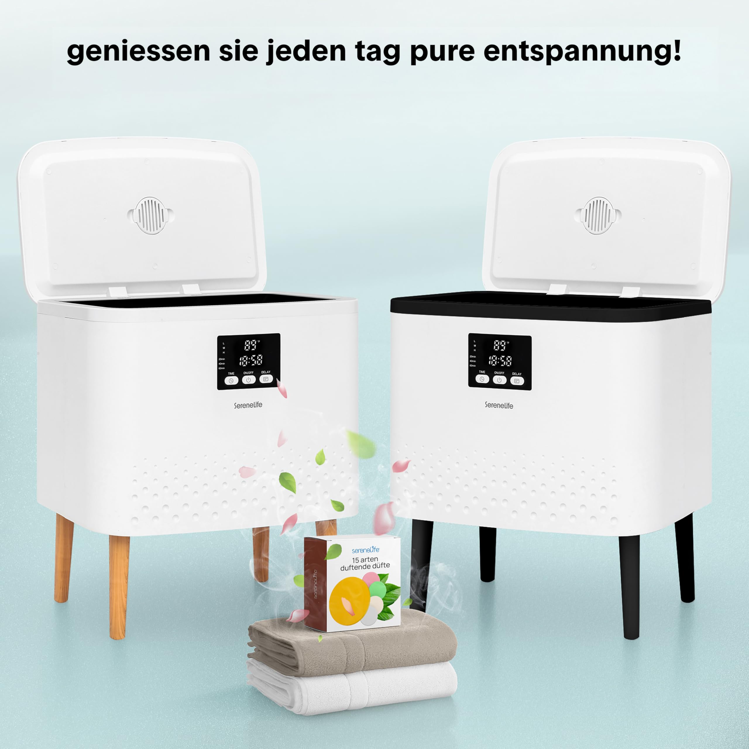 SereneLife Handtuchwärmer Eimer- 20L Elektrisch Stehend, Handtuchtrockner und Deckenwärmer mit Timer und Temperaturregelung, Weiß/Natural Design