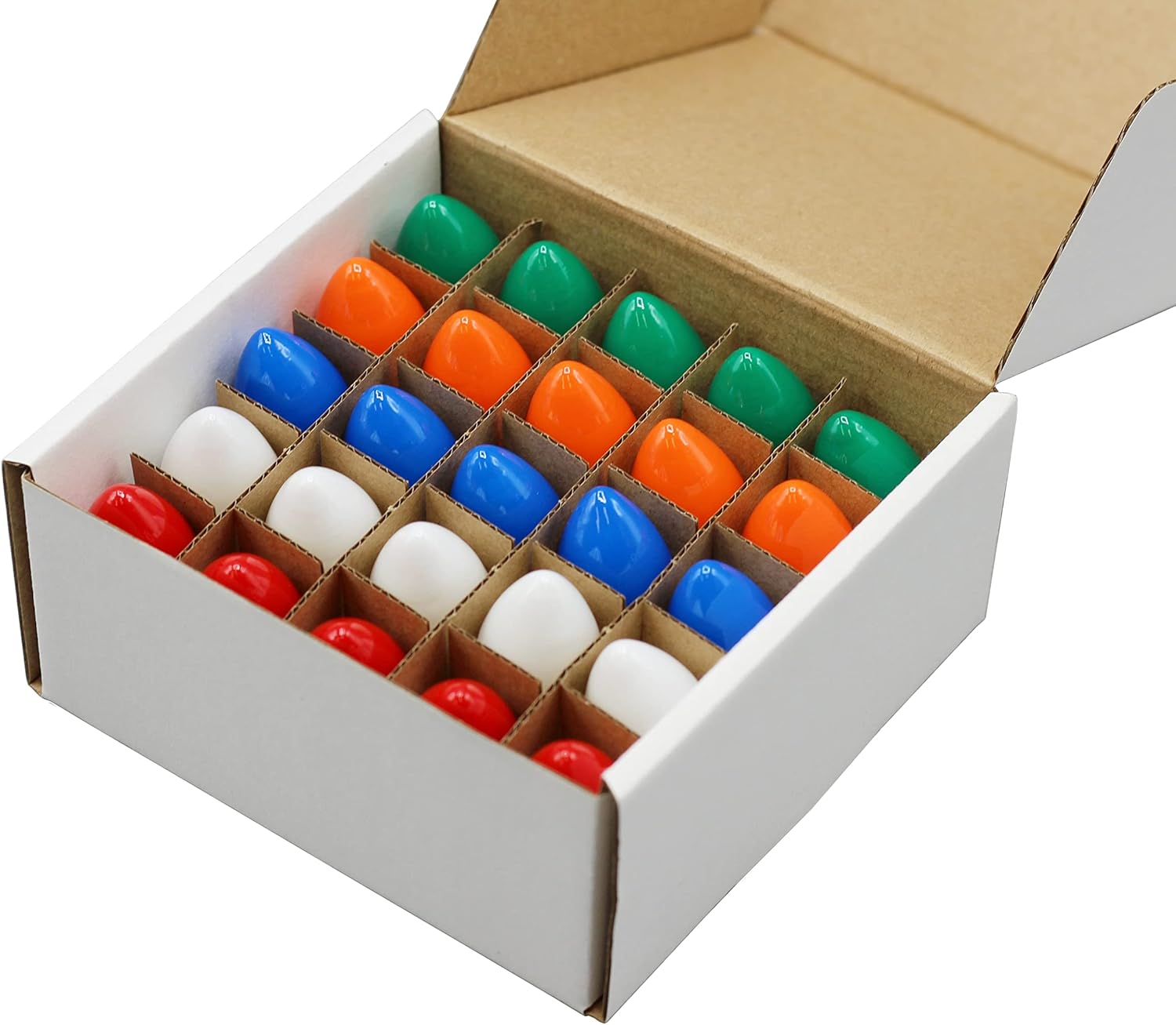 Creative Hobbies Box of 25 Ceramic Multicolor Blinker Bulbs – Green, Red, Orange, White & Blue, C7 Candelabra Base, 7W 120V Random Flash