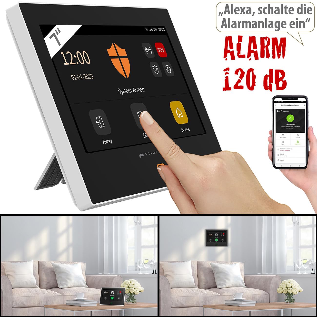VisorTech Alarmanlage Haus: WLAN-/4G-Alarmanlage, IPS-Touch-Display, App, Sirene, für 200 Sensoren (GSM, nachrüsten, TUYA)
