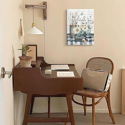 Miniatura 7 de Luslya Arte de pared rústico de algodón blanco con diseño de flores de algodón con texto en inglés "Just Breathe", pintura de baño, pósteres