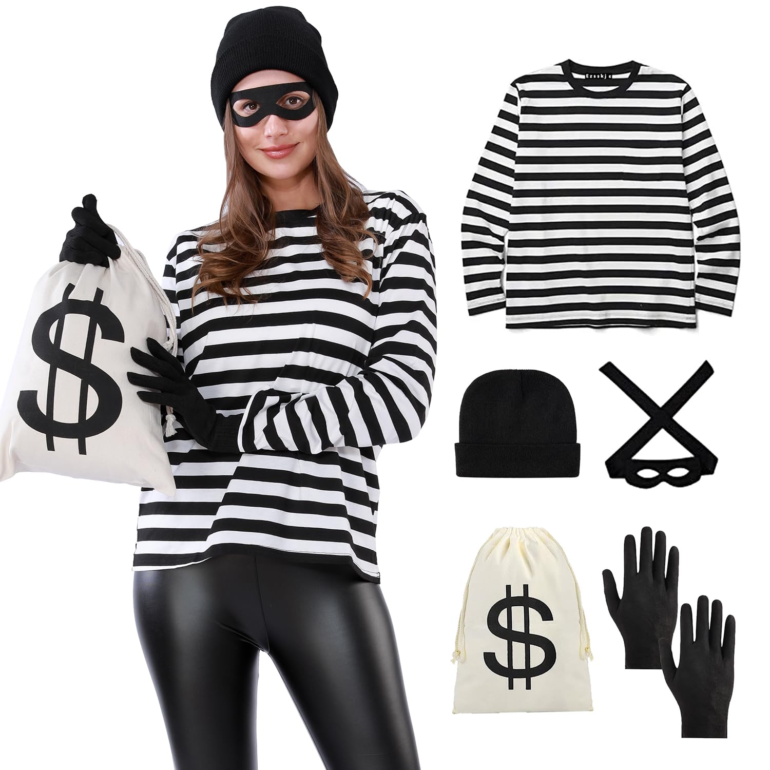 IMISHM 5 Pieces Robber Costume Set Include Burglar Costume Canvas Dollar Sign Money Bags Bandit Eye Mask Knit Beanie Cap