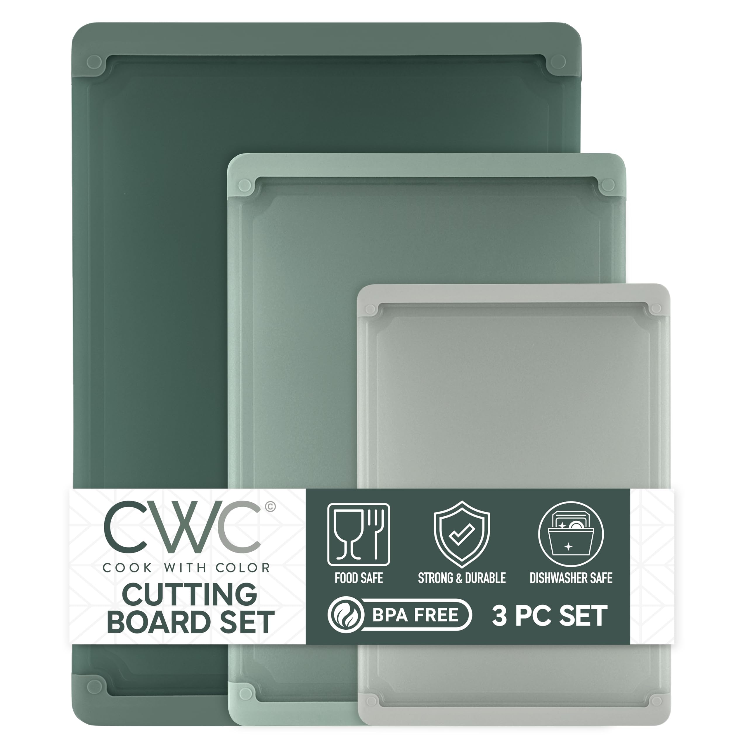 COOK WITH COLOR Extra Large Cutting Board Set, Jumbo-Sized Boards with Rubber Border for Enhanced Cooking Experience, 3-Piece, Dark Sage