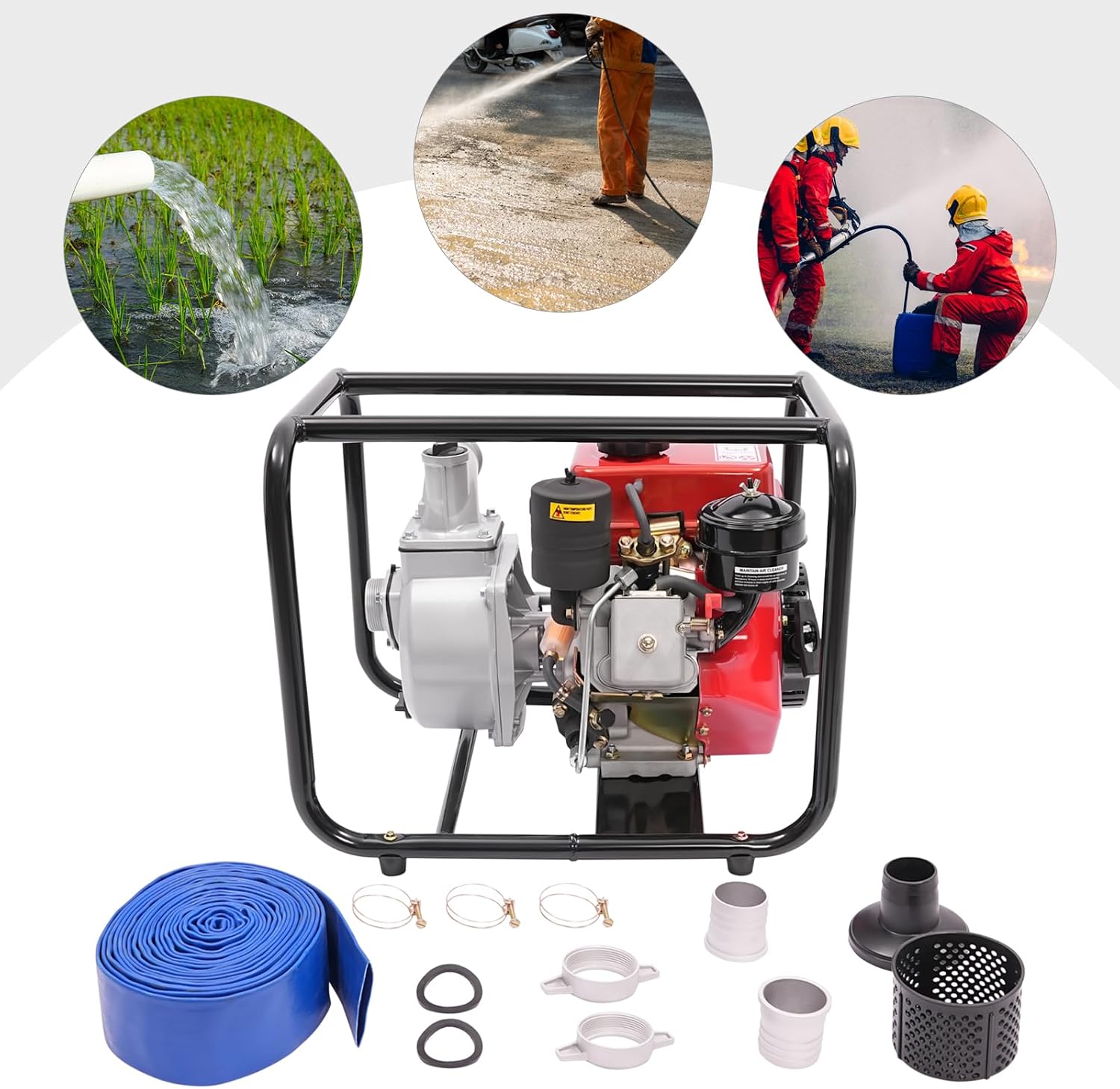 2 Inch Diesel Engine Water Pump, 3HP 146GPM 148ft Lift 23ft Height, 4-Stroke Diesel Powered Trash Water Transfer Pump Portable High Pressure with 25ft Hose for Irrigation Pools (Red 2 In)