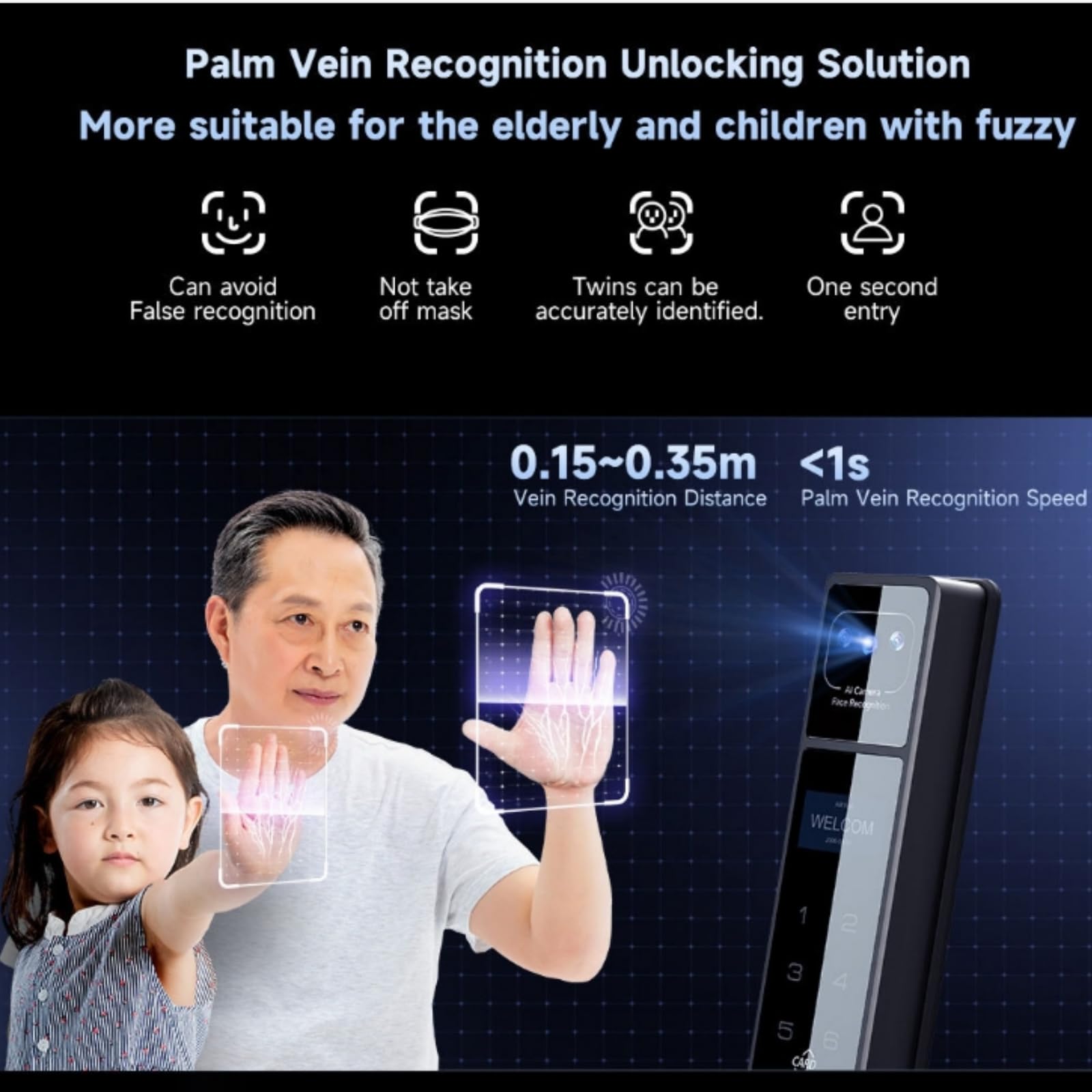 Cerradura inteligente Tuya Palm Vein y reconocimiento facial 3D, cerradura de puerta de entrada sin llave, 11 métodos de desbloqueo (palma/cara/huella dactilar/tarjeta etc.)