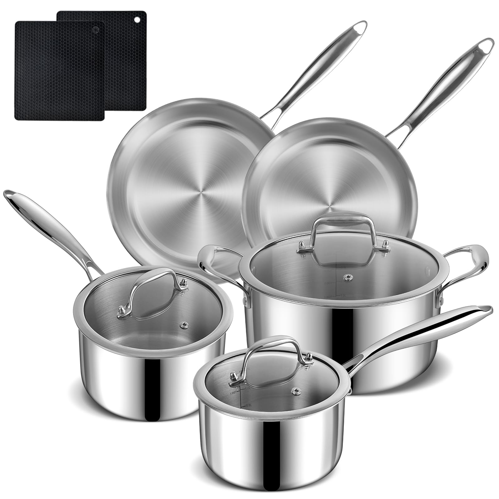 Set di pentole e padelle in acciaio inox, 10 pezzi, pentole e padelle antiaderenti per piano cottura a induzione, casseruola con coperchio, casseruola con coperchio e padella, set di pentole da cucina