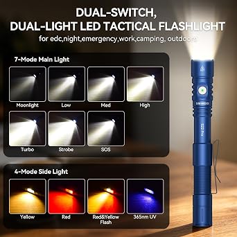 1200 Lumens EDC Pocket Flashlight Rechargeable, Dual Switch LED Tactical Light with COB Light, USB-C, Magnetic Tail & Clip, Dual-Power 2AA Battery Compatible for Emergency