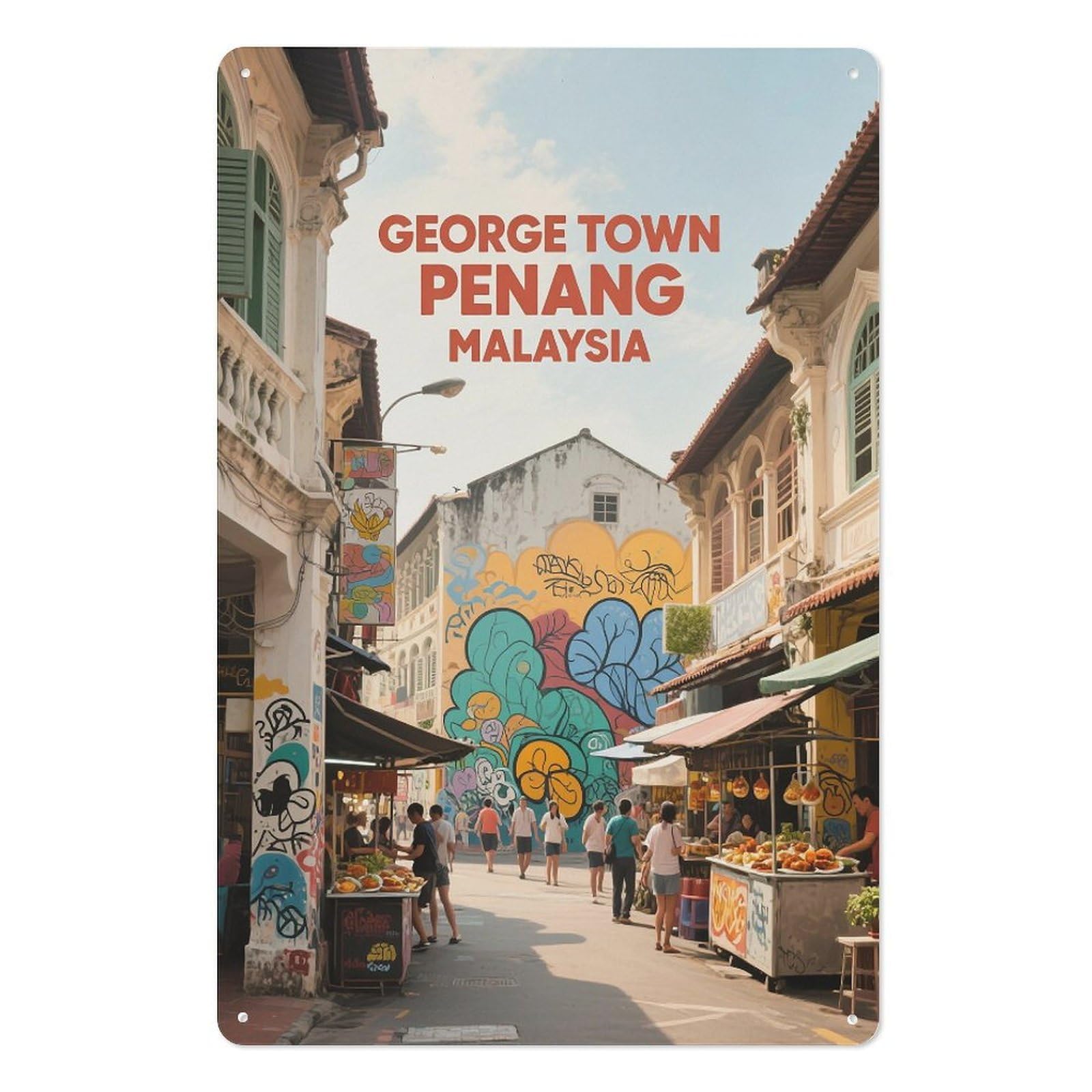 George Town Penang Malaysia Retro Design Tin Painting Vintage Tin Sign 08x12inch(20x30cm) Wall Art for Home Office Bedroom Living Room Cafes Wall Decor
