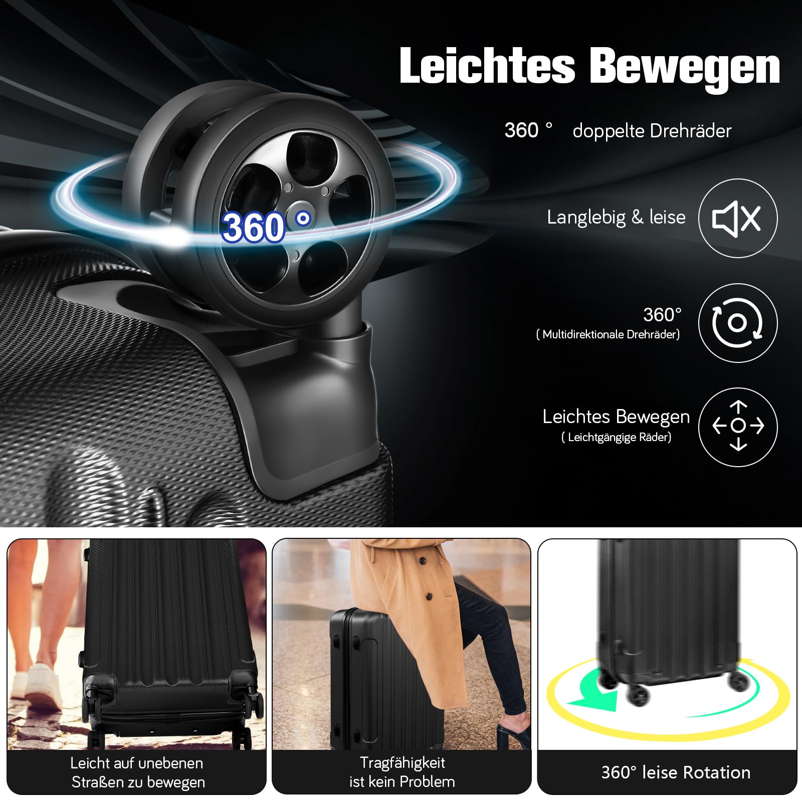 Zwillingsrollen 4 Teilig Hartschalen Kofferset mit Rollen & TSA-Schloss, Leicht Koffer & Trolleys Handgepäck Einfach und Modern Reisekoffer Beinhaltet XL Mittel Klein (Schwarz)