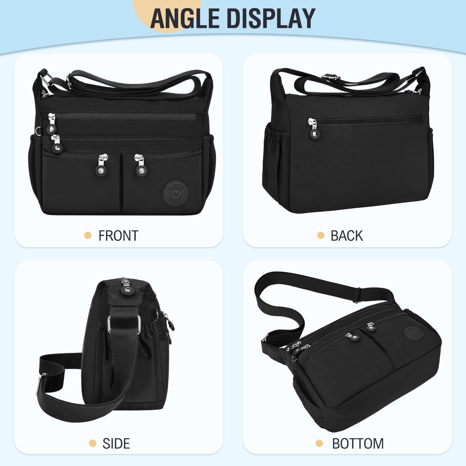 TEUEN Sac Bandoulière Femme Grande Capacité Sac à Main Bandoulière Imperméable en Nylon Messager avec Bandoulieres Réglable et Multi-Poches pour Voyage Université Usage Quotidien