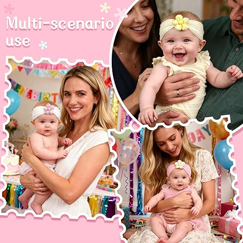 Miniatura 6 de Diadema de 3 piezas con diseño de flores, de nailon, suave, cómoda, elástica, para baby shower, recién nacidas, esenciales para bebés (amarillo,