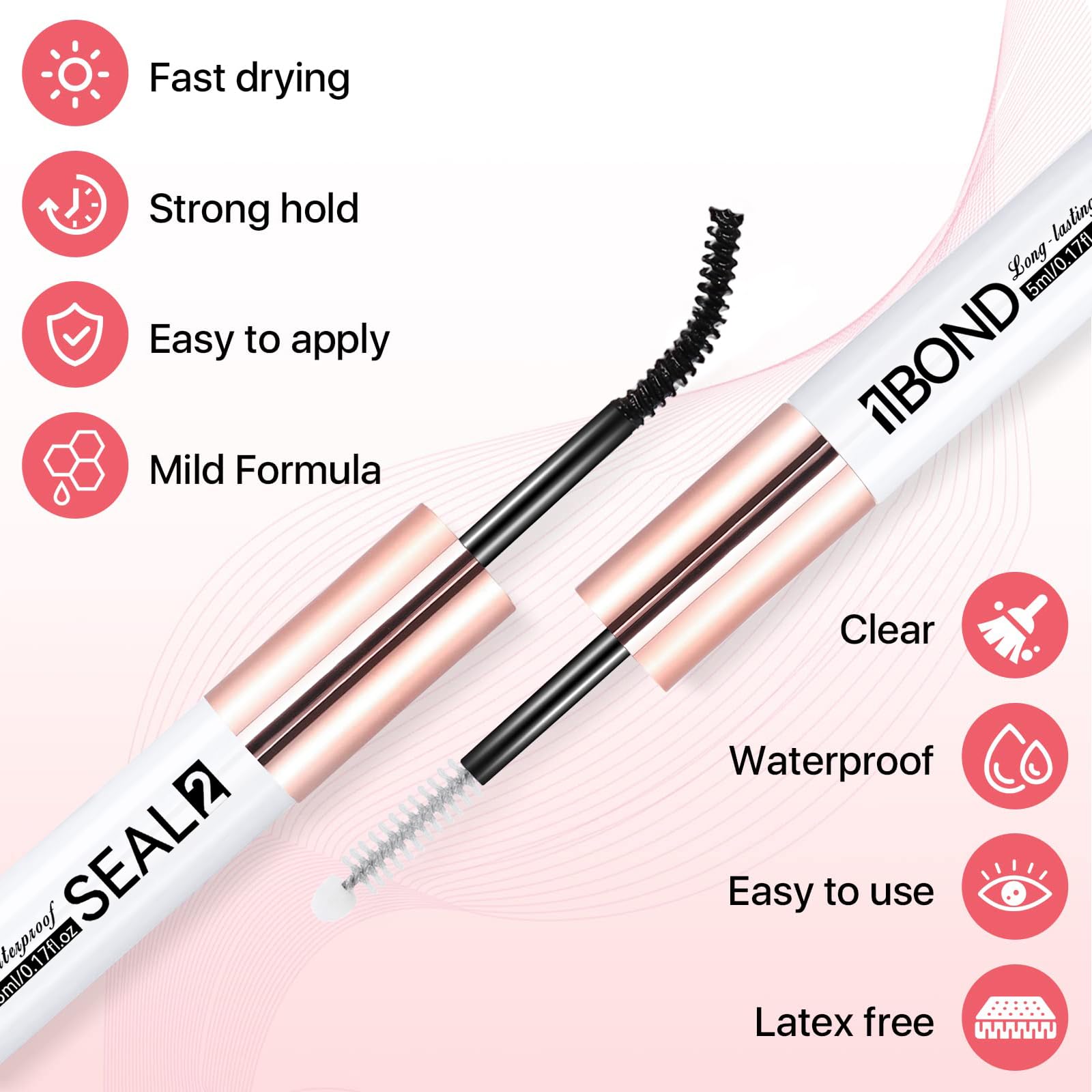 Eyelash Glue, Lash Bond and Seal, Latex-Free Lash Glue for Sensitive Eyes, Waterproof Strong Hold Eyelash Cluster Adhesive for 72 Hours
