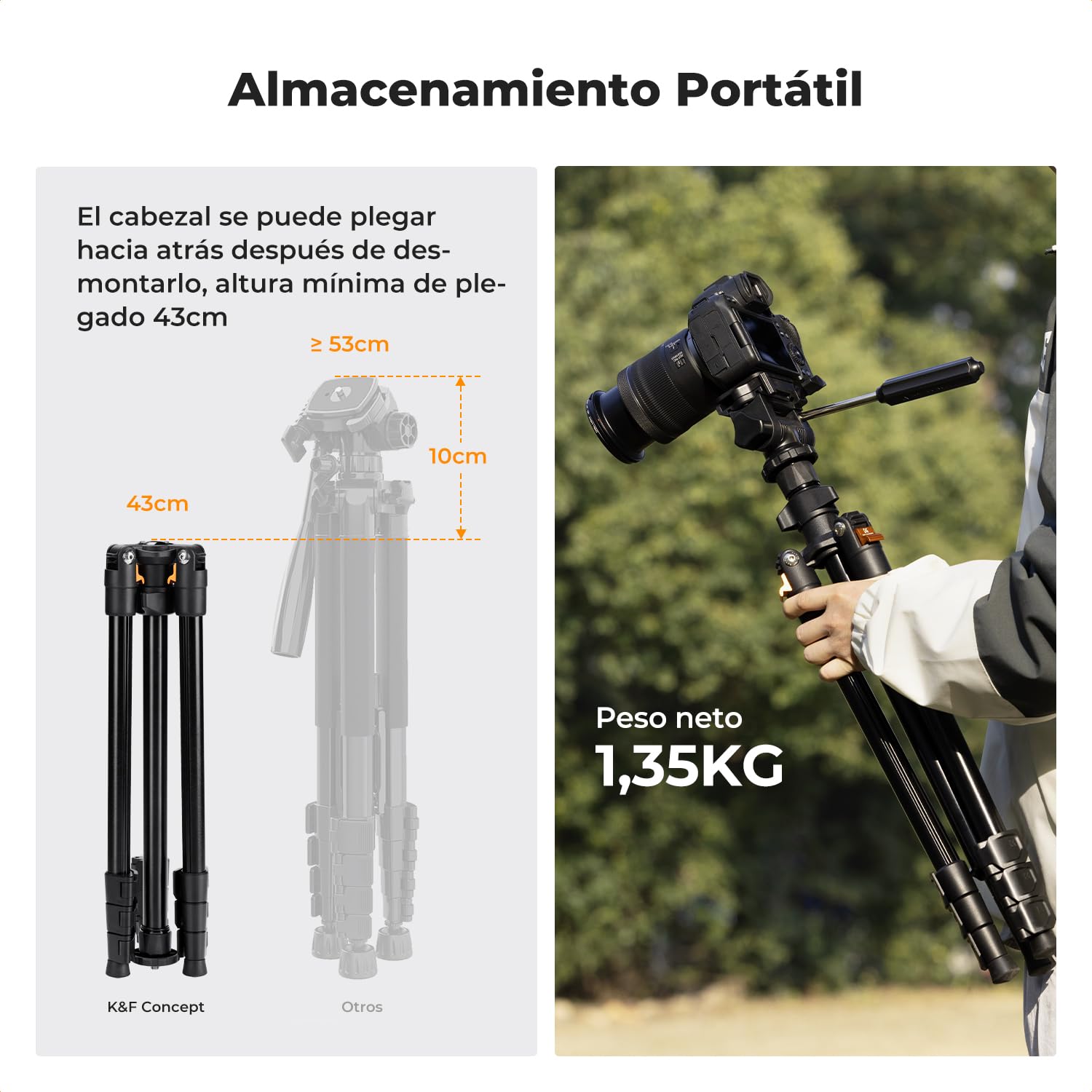K&F CONCEPT Trípode Cámara 196cm | Cabezal Giratorio de 3 Vías, Inclinación +100°/-70°, Carga 4kg, Con Soporte para Teléfono, O234A3+BV01
