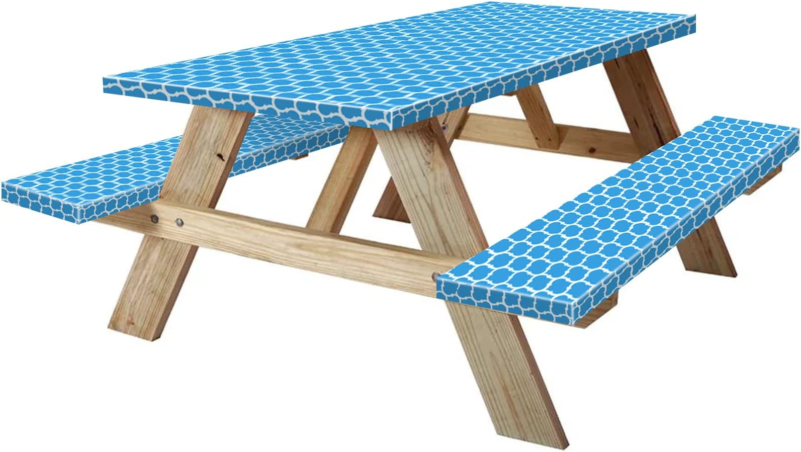 KENOBEE 8ft Picnic Table and Bench Fitted Tablecloth Cover, 96"x30" Flannel Backing Elastic Edge Waterproof Wipeable Plastic Cover Vinyl Tablecloth for Home Goods Indoor Outdoor Patio, Blue Moroccan
