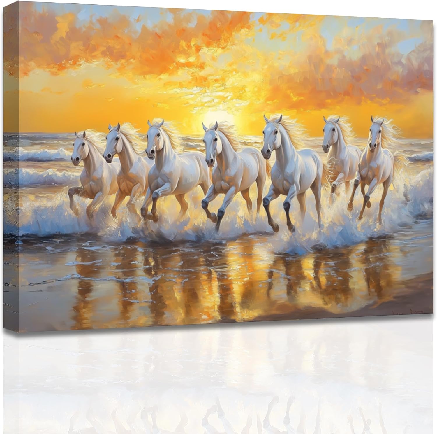 AWPANERAR Horse Canvas Wall Art White Horse Running in Beach Picture Seven Wild Horses Paintings Country Animal Portrait Large Animal Artwork Bedroom Decor Framed (White, (12L x 18W))