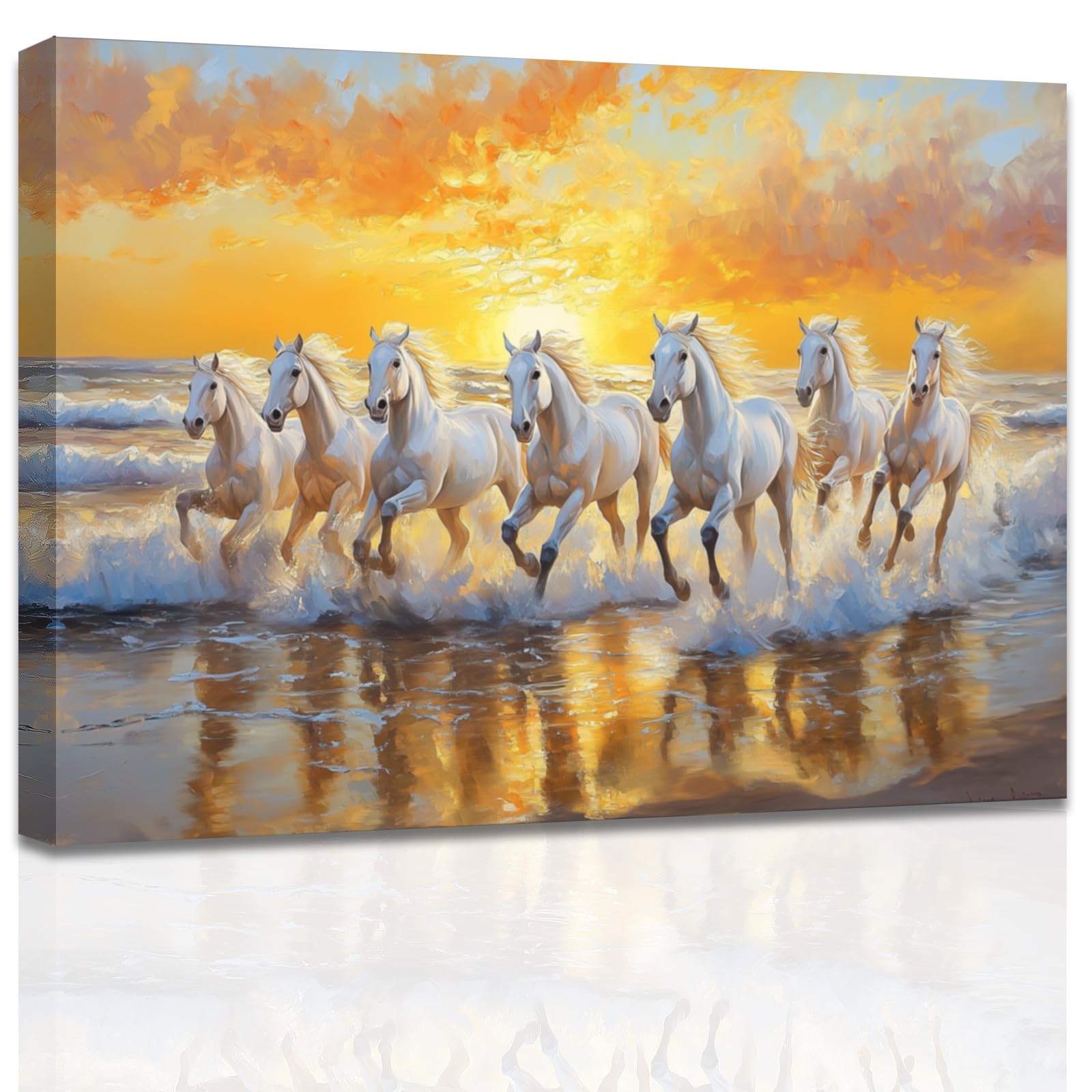 AWPANERAR Horse Canvas Wall Art White Horse Running in Beach Picture Seven Wild Horses Paintings Country Animal Portrait Large Animal Artwork Bedroom