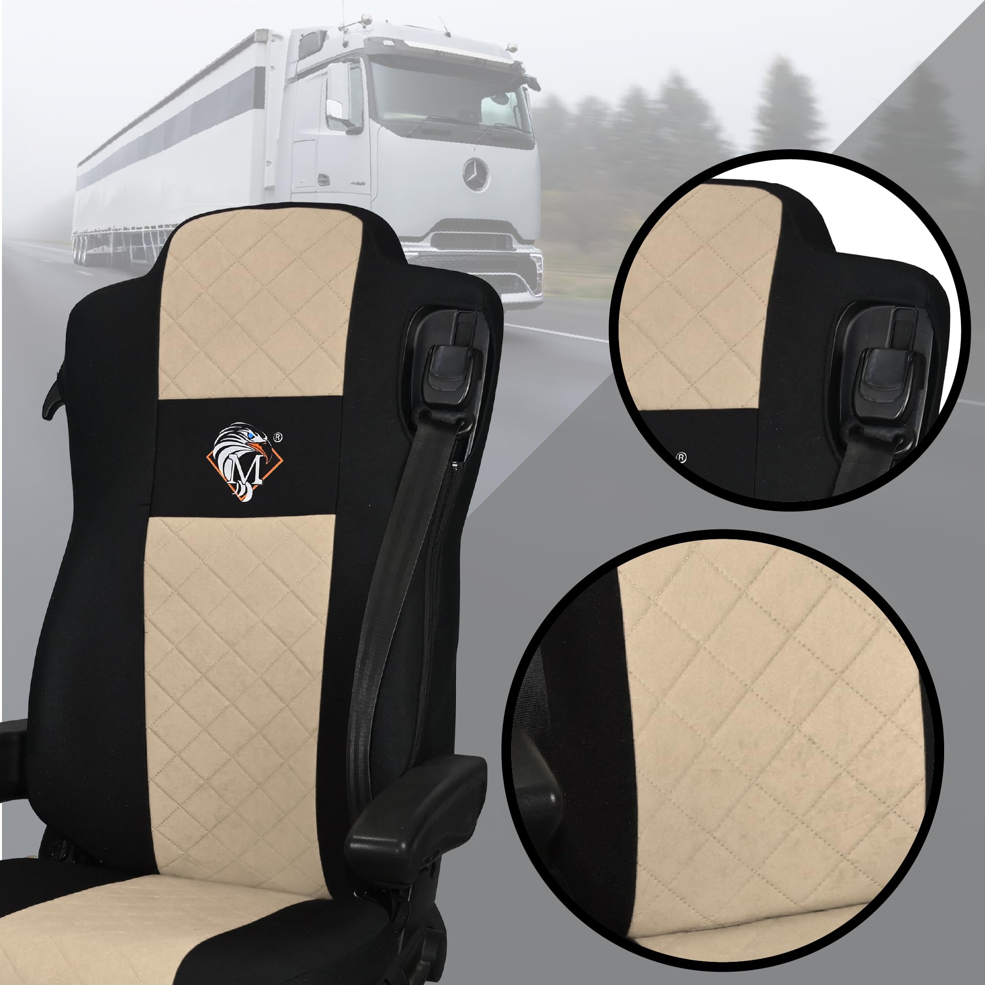 SABA Coprisedile per MERCEDES ACTROS L dal 2022, 2 cinture di sicurezza, sedili tipo aereo, sedile passeggero non sospeso Beige Accessori di Protezione per Sedili di Camion