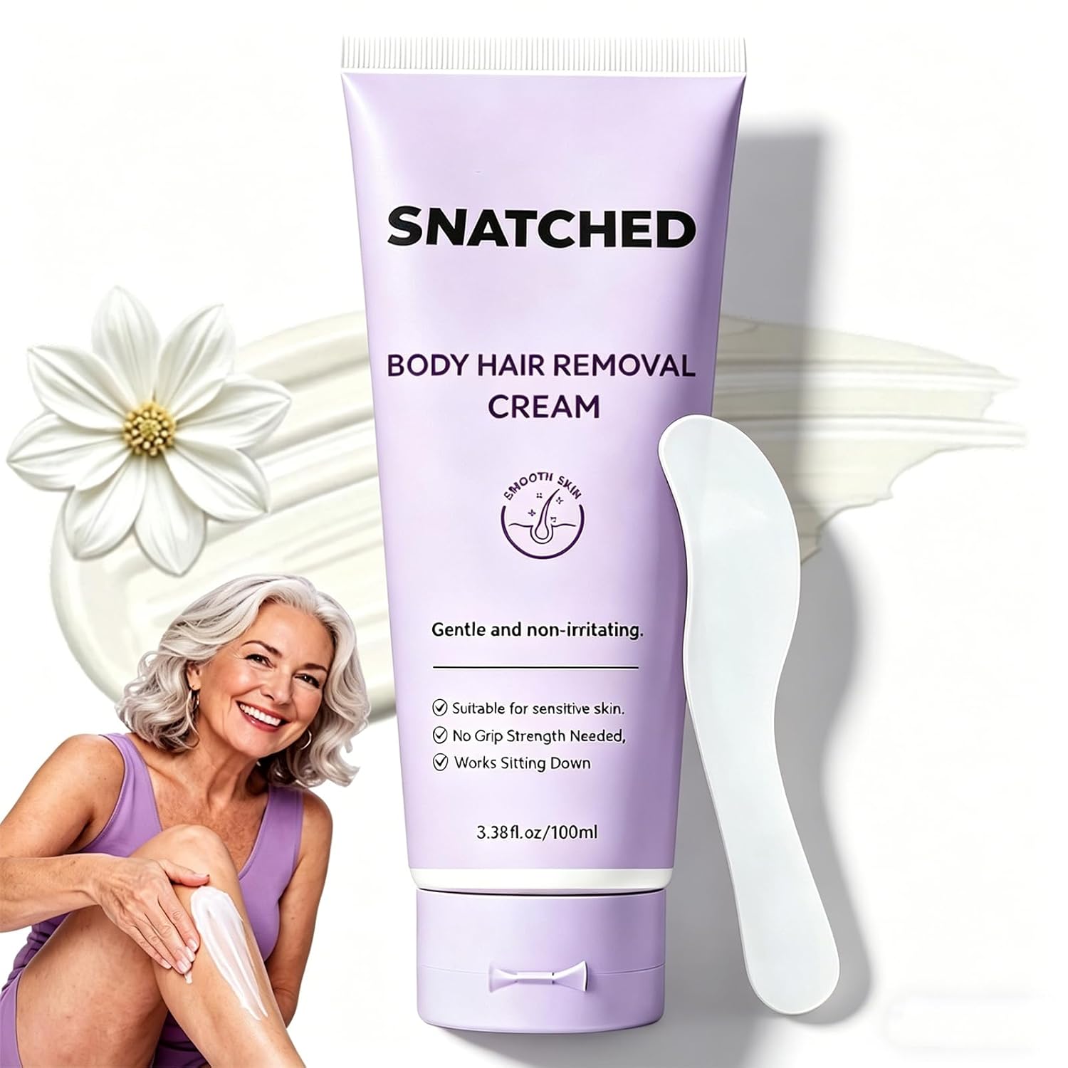 Snatched Hair Removal Cream, Body Cream Gentle Hair Remover for Woman Aged 65+, No Grip Strength Needed, Works Sitting Down, Works on All Hairs (1Pc)