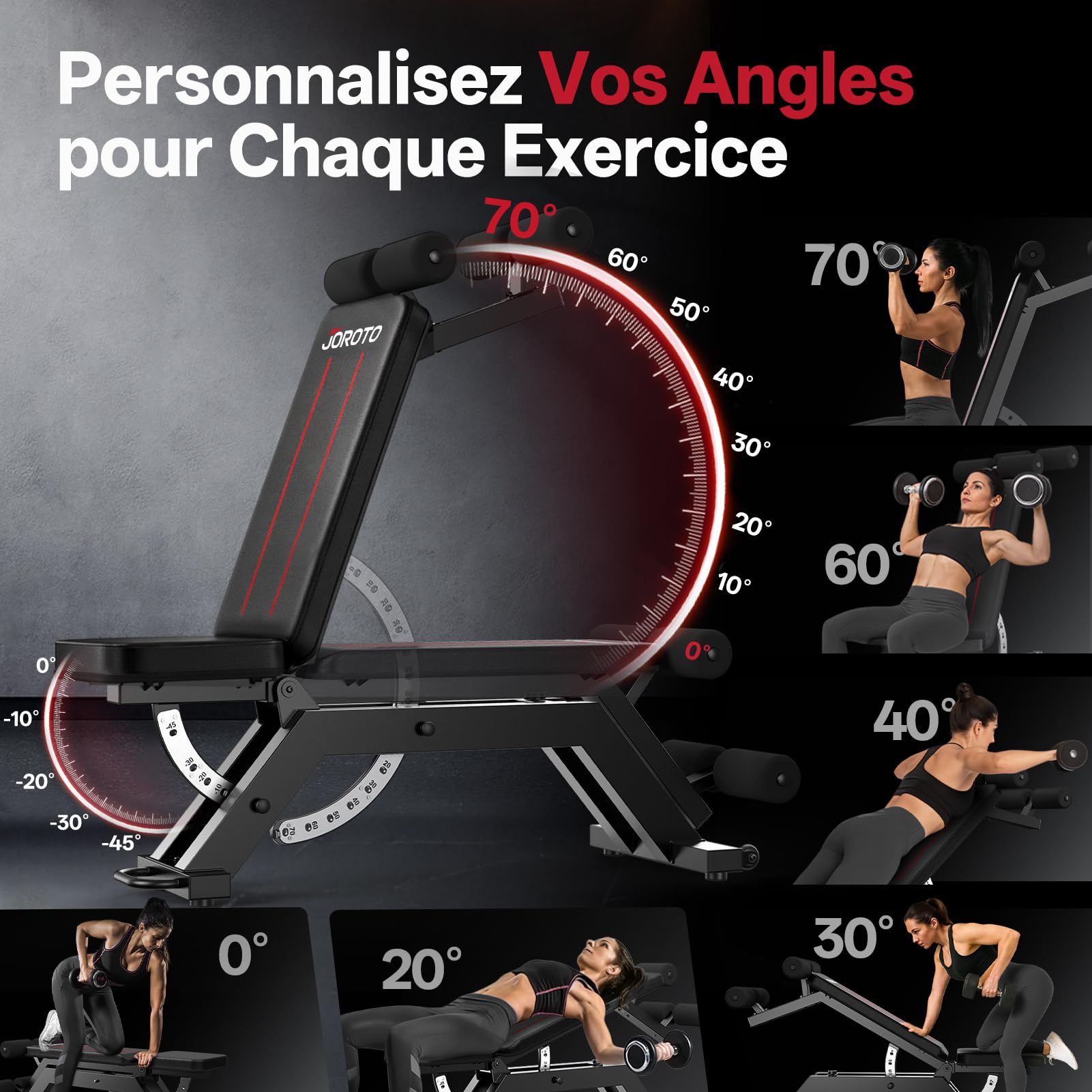 JOROTO MD70 Banc de Musculation Réglable, Banc Musculation Multifonction avec Charge Max 400KG/880LBS, Dossier 8 Positions et Siège 5 Positions Réglable, Banc Abdominaux pour Entraînement Complet