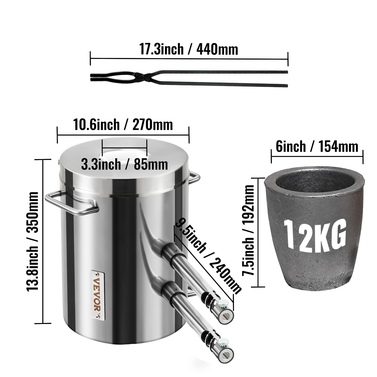 VEVOR Schmelzofen Propan Metall Schmelzofen 12 kg, Edelstahl Schmelzofen Gas 1482 ℃ inkl. 2 x Brenner, 1 x Tiegel, Schmiede Messerherstellung Schmiedeset für Kupfer, Aluminium, Gold, Silber usw.