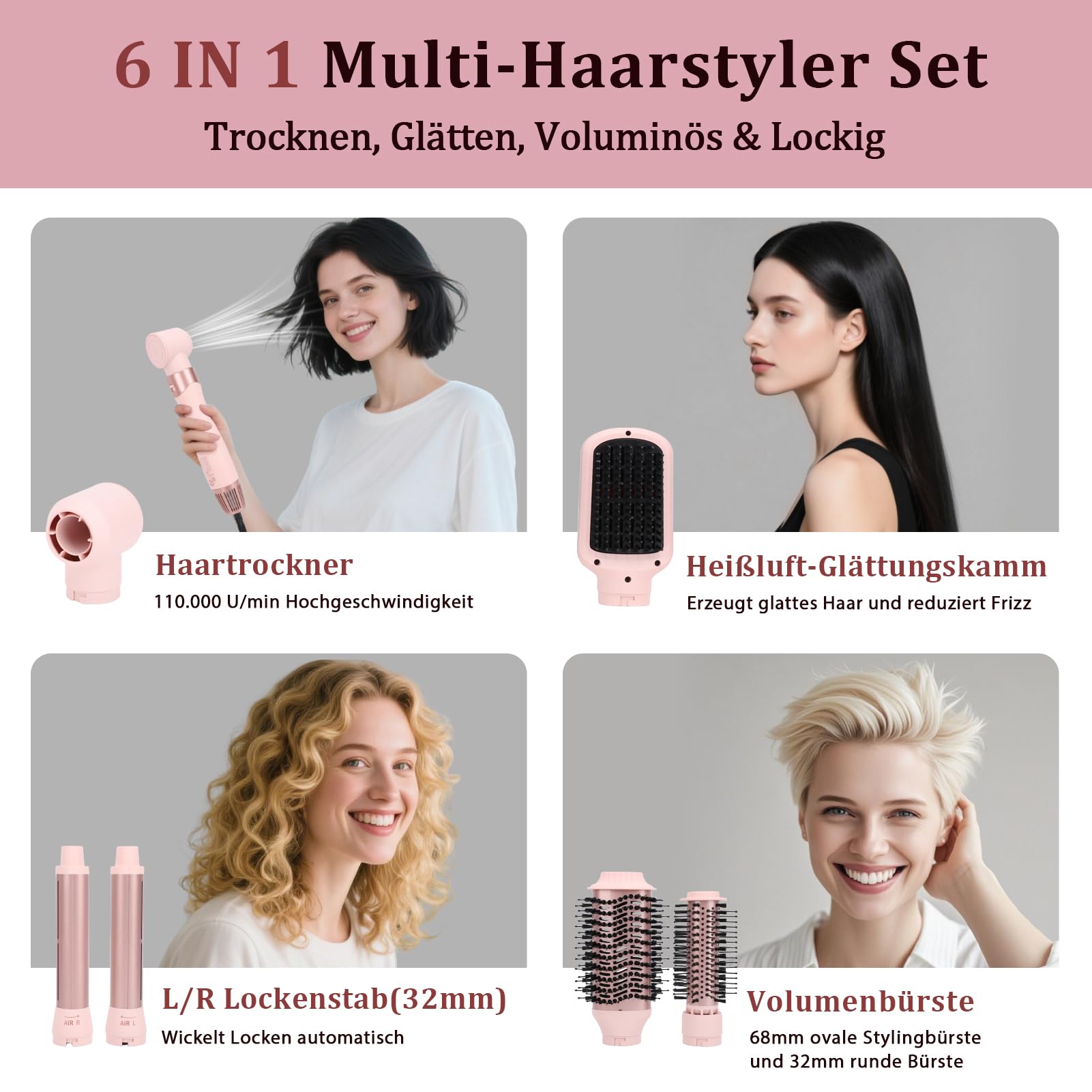6-In-1 Hairstyler & Airstyler con Ionen, Lockenstab Mit Coanda-Effekt | Multi Hairstyler(Föhn / Warmluftbürste / Glättbürste / Lockenstab), 1200W, 106.000 U/Min, Mit Reisetasche