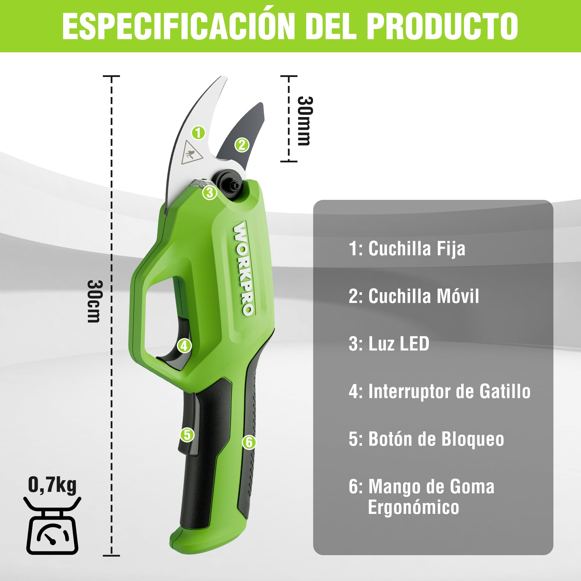 WORKPRO Tijeras de Podar Electricas de 7,2 V, Podadora Eléctrica Inalámbrica, Tijeras de Podar a Bateria de 2000 mAh, para Jardines, Ramas y Árboles Frutales
