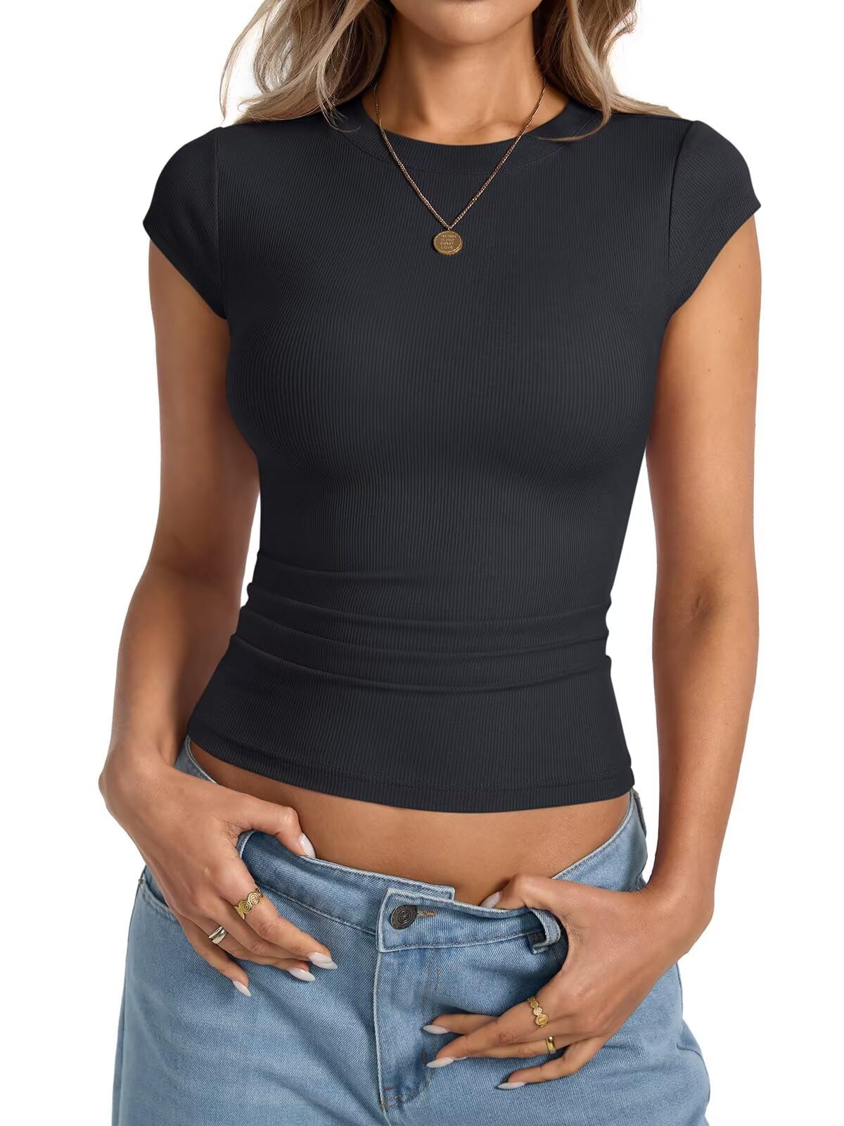 EasyGala Womens Cap Sleeve Tops Summer Crew Neck Short Sleeve Shirts Slim Fit Basic Ribbed Tops Y2K 2025 Going Out Crop