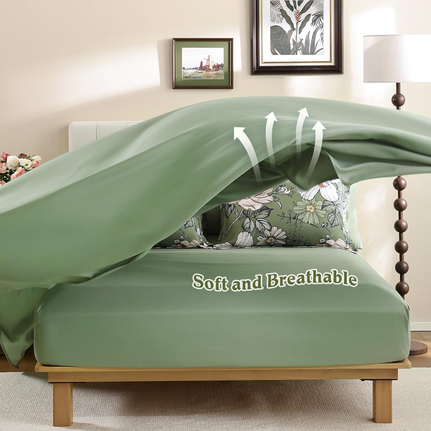 Luxudecor Queen Comforter Set 7 Pieces Bedding Sets,Olive Green Floral Comforter and Sheet Set,Soft Microfiber Bed in a Bag for All Seasons (Olive Green,90"x90") - Image 7