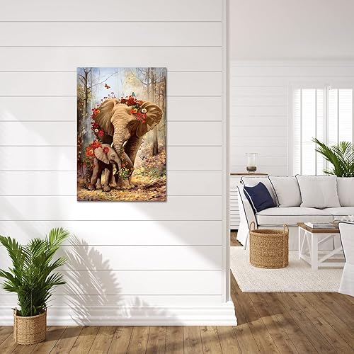 Miniatura 2 de iHAPPYWALL Pintura vintage de elefante para mamá y bebé, arte de pared de animales salvajes, flores, bosque, paisaje, obra de arte para el hogar,