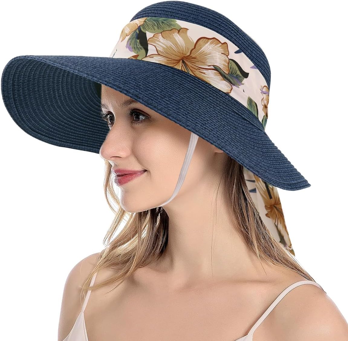 Straw Hat Sun Hats for Women, Wide Brim Beach Hat for Women Summer with Printed Ribbon, Fashion UV Protection Visor Cap, Packable Travel Hat for Ladies Gift