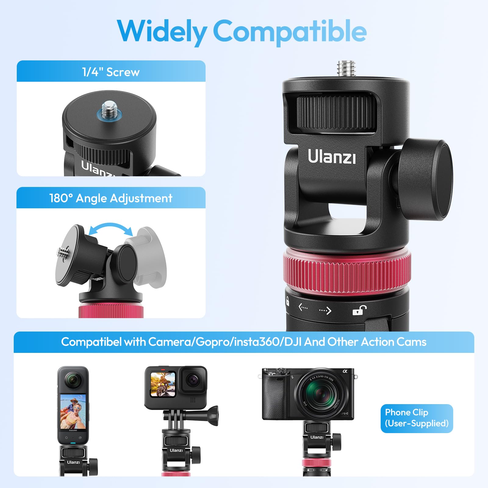 Ulanzi MT-71 Trépied à Selfie pour caméra 150 cm Longueur Invisible Extensible Poignée Portable léger 7 Sections pour Action Camera Hero 11 10 9 8 7 Noir/insta360 One DJI Action