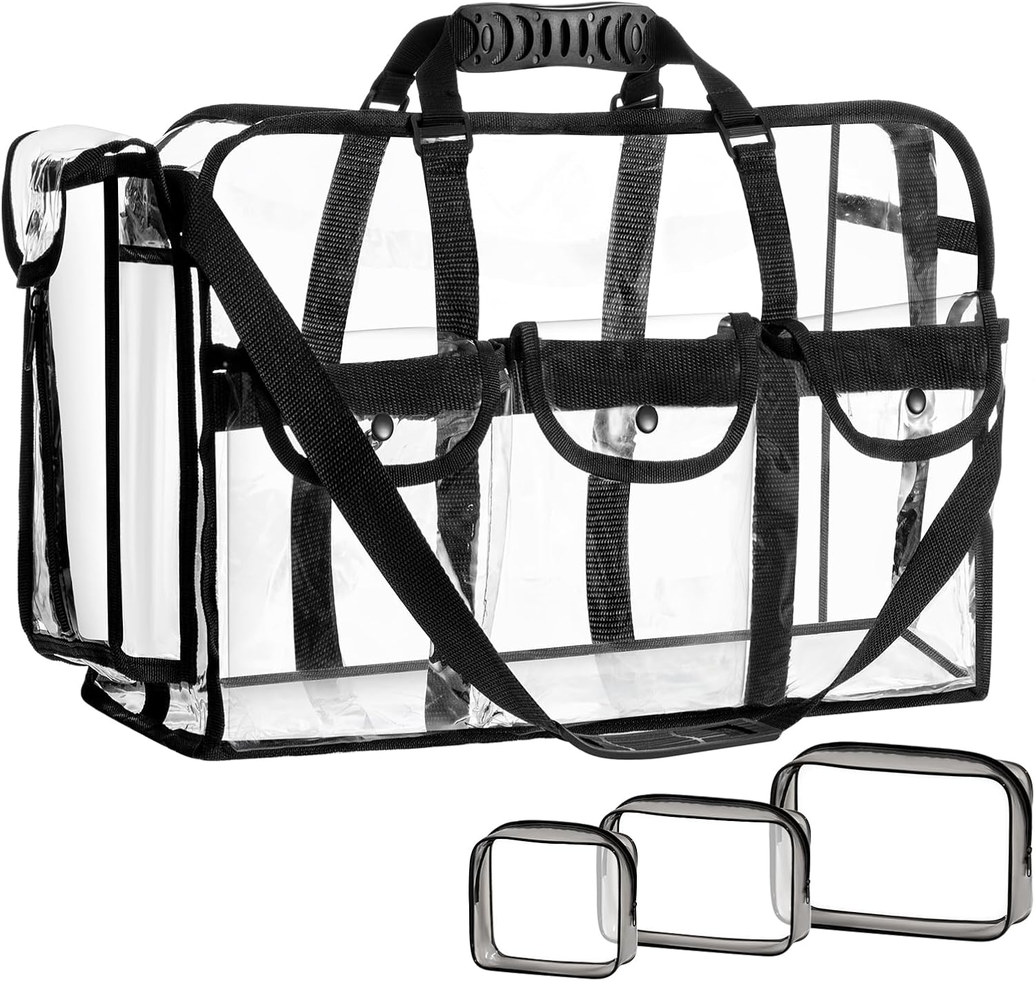 Sanwuta Large Clear Duffle Bag 20 x 12 x 7 Inch See Through Makeup Tote Bag with Pockets and 3 Small Cosmetic Pouch Transparent Toiletry Organizer for Travel Work Artist Gym Sport Stadium Event