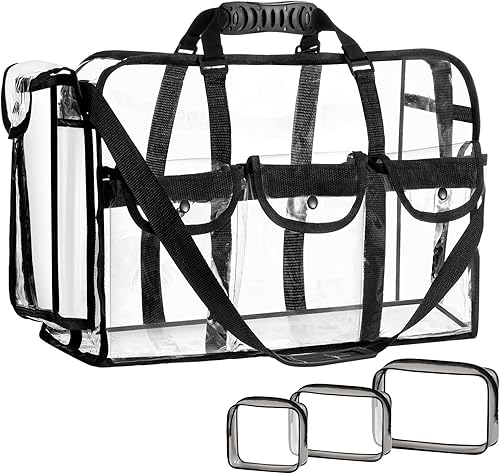Sanwuta Bolsa de viaje grande transparente de 20 x 12 x 7 pulgadas, bolsa de maquillaje transparente con bolsillos y 3 pequeñas bolsas para