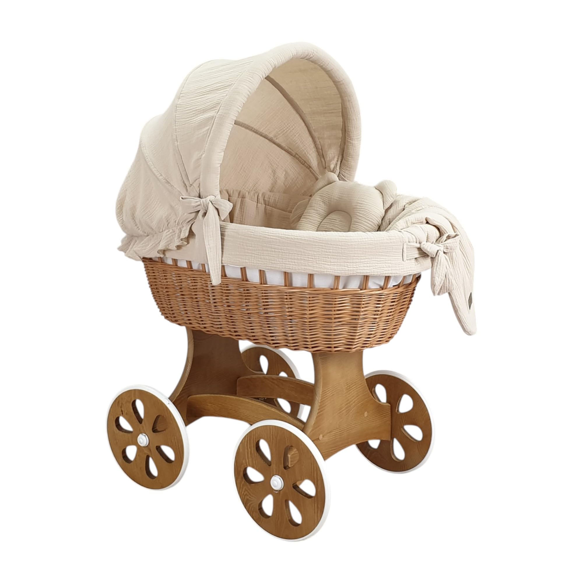Wiklinopol Moisés de Mimbre para Bebé con Soporte de Madera y Ruedas Annabell – Cuna con Colchón y Ropa de Cama 5 Piezas Muselina Beige – Cochecito Natural para Recién Nacido