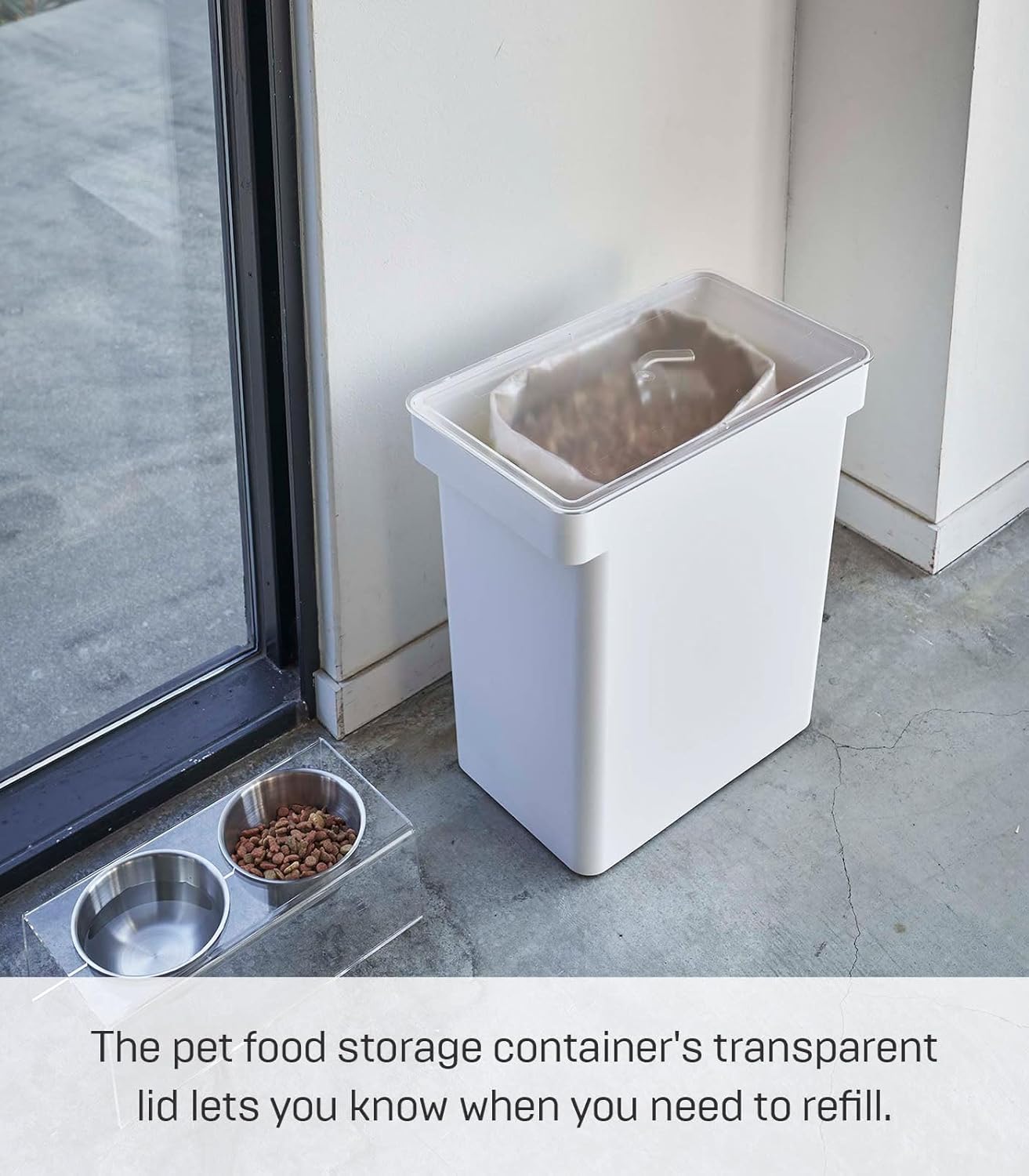 YAMAZAKI Home Tower Airtight Pet Food Storage Container - Cat And Dog Food Holder Bin With Transparent Lid And Handle - Extra Large - Polypropylene - 6.6 Gallons, 25 Liters